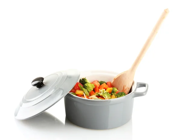 Vegetable stew in gray pot isolated on white — Stock Photo, Image