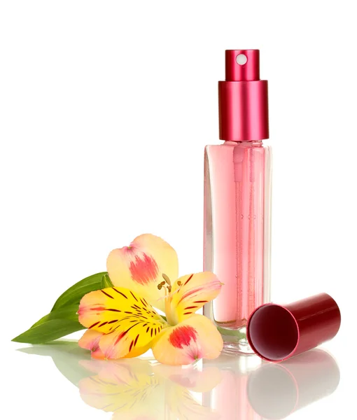 Women's perfume in beautiful bottle with flower isolated on white — Stock Photo, Image