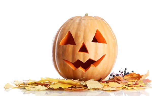 Halloween pumpkin and autumn leaves, isolated on white — Stock Photo, Image