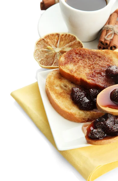 White bread toast with jam and cup of coffee, isolated on white — Stock Photo, Image