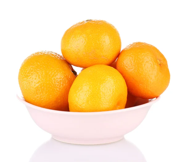 Tasty mandarines in color bowl isolated on white — Stock Photo, Image