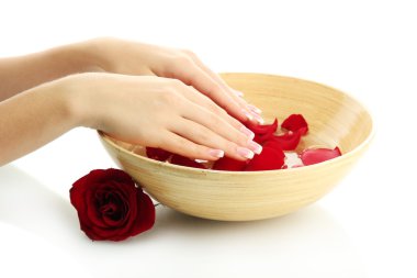 ahşap kase su yaprakları, üzerinde beyaz izole kadın elle