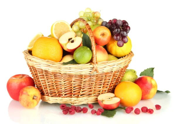 Assortment of exotic fruits in basket, isolated on white — Stock Photo, Image