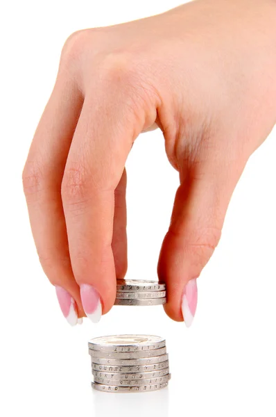 Woman hand with coins, isolated on white — Stock Photo, Image