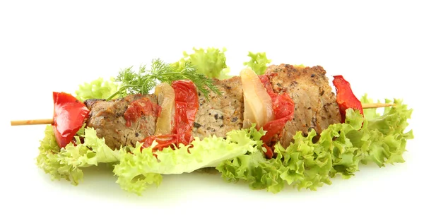 Tasty grilled meat and vegetables on skewer, isoalted on white — Stock Photo, Image