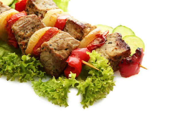 Tasty grilled meat and vegetables on skewers, isolated on white — Stock Photo, Image