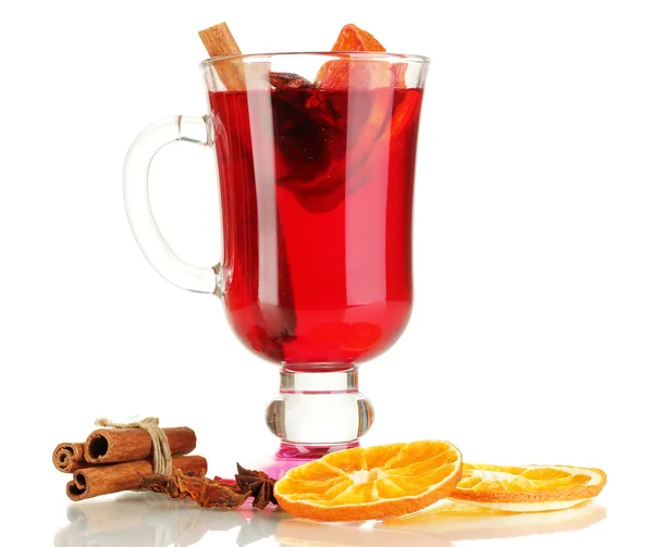 Fragrant mulled wine in glass isolated on white — Stock Photo, Image