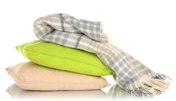 Woolen checkered plaid and pillows, isolated on white — Stock Photo, Image