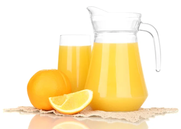 Full glass and jug of orange juice and oranges isolated on white — Stock Photo, Image