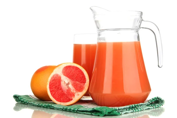 Full glass and jug of grapefruit juice and grapefruits isolated on white — Stock Photo, Image