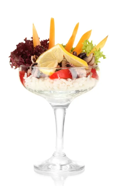 Delicatessen seafood salad with rice in glass isolated on white — Stock Photo, Image