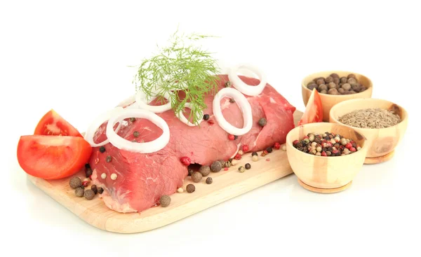 Raw beef meat marinated with herbs and spices isolated on white — Stock Photo, Image