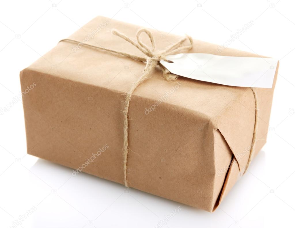 parcel box with kraft paper, isolated on white