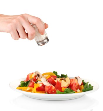 el ekleyerek tuz tuz shaker üzerinde beyaz izole kullanarak