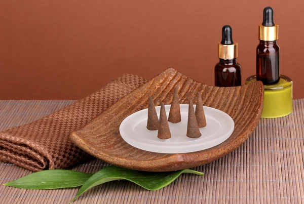 Aromatherapy setting on brown background Stock Photo