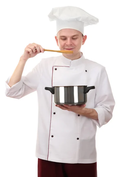 Portret van chef-kok met pan geïsoleerd op wit — Stockfoto