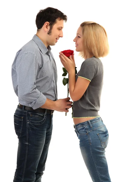 Casal amoroso com rosa isolada no branco — Fotografia de Stock