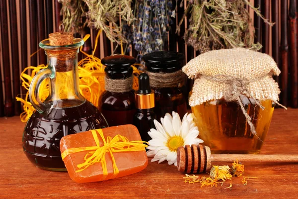 Ingredients for soap making on brown background — Stock Photo, Image