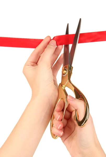 Cutting red ribbon isolated on white — Stock Photo, Image