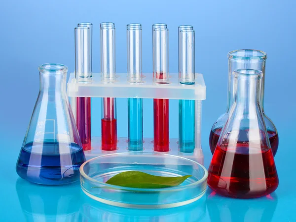 Test-tubes and green leaf tested in petri dish, on color background — Stock Photo, Image