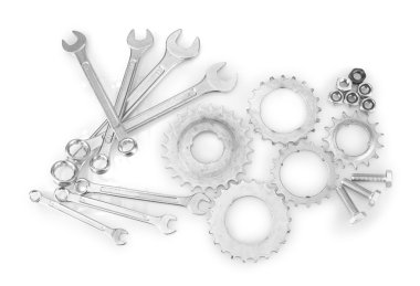 makine dişli, metal cogwheels, somun ve cıvata üzerinde beyaz izole