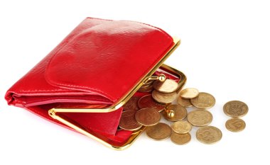 sikke üzerinde beyaz izole kadın kırmızı cüzdan