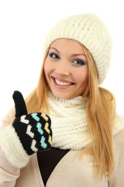 genç güzel kadın üzerinde beyaz izole kış giyim