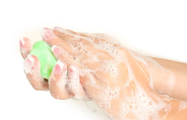 Женские руки в мыле, на белом фоне крупным планом — стоковое фото
