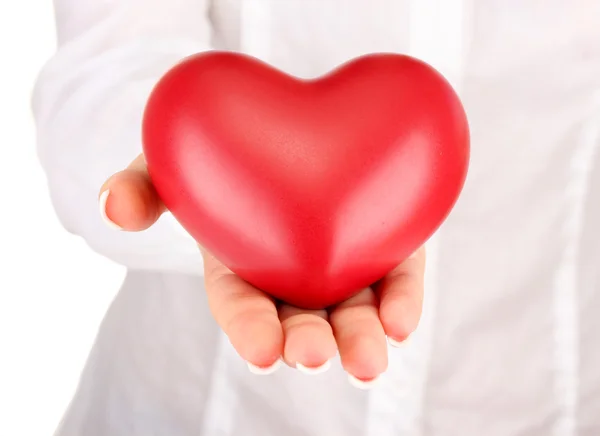 Red heart in woman's hand, on white background close-up — Stock Photo, Image