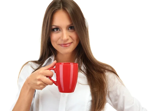 Piękna młoda kobieta z filiżanką herbaty, na białym tle — Zdjęcie stockowe