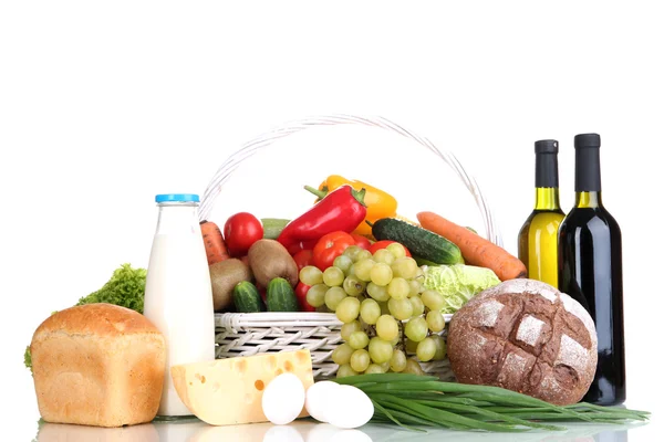 Composition with vegetables and fruits in wicker basket isolated on white — Stock Photo, Image