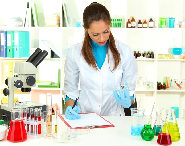 Jovem cientista olhando para o microscópio em laboratório — Fotografia de Stock