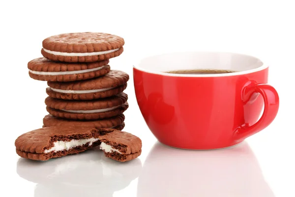 Chocolate cookies with creamy layer and cup of coffe isolated on white — Stock Photo, Image