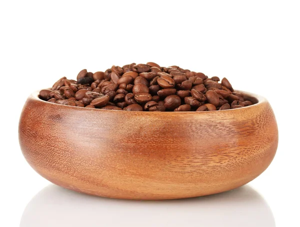 Coffee beans in wooden bowl isolated on white — Stock Photo, Image