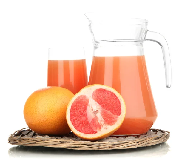 Full glass and jug of grapefruit juice and grapefruits isolated on white — Stock Photo, Image