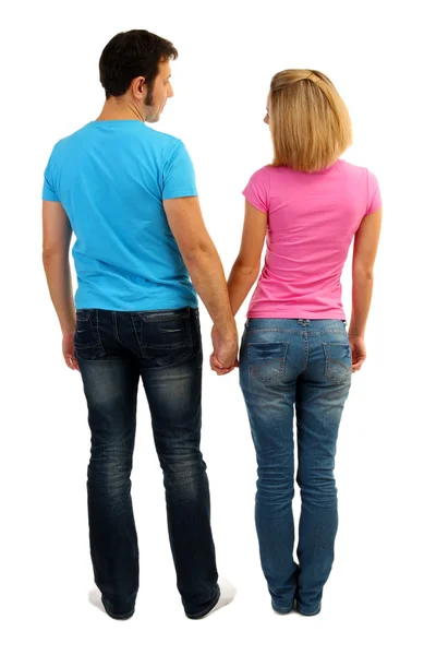 Verliefde paar hand in hand geïsoleerd op wit — Stockfoto