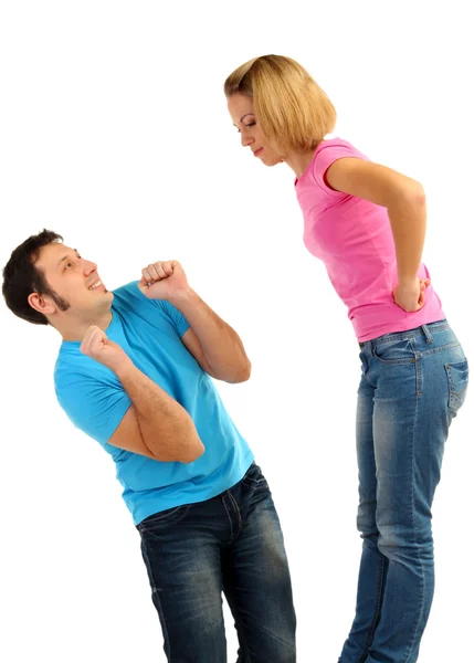 Young couple quarreling isolated on white — Stock Photo, Image