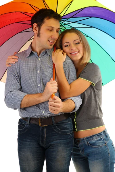 Casal amoroso com guarda-chuva isolado no branco — Fotografia de Stock