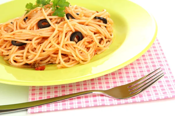 Włoskie spaghetti w płytkę z bliska — Zdjęcie stockowe