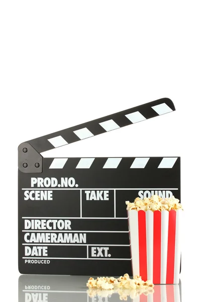 Movie clapperboard and popcorn isolated on white — Stock Photo, Image