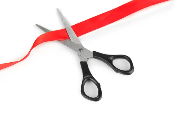 Cutting red ribbon isolated on white — Stock Photo, Image