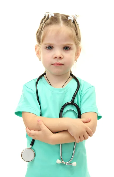 Little girl doctor with toy bear, isolated on white Stock Photo