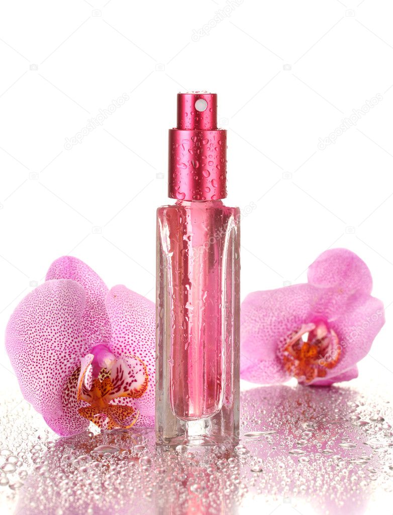 women's perfume in beautiful bottle and orchid flowers, isolated on white