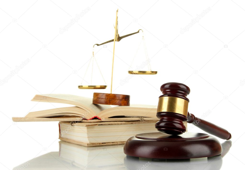 Golden scales of justice, gavel and books isolated on white