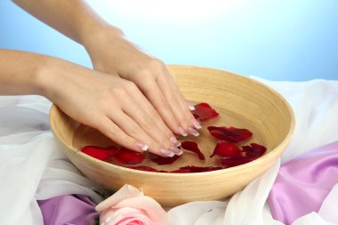 kadın eliyle su yaprakları, mavi zemin üzerine ahşap kase