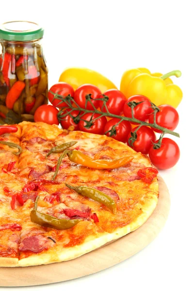 Tasty pepperoni pizza with vegetables on wooden board isolated on white — Stock Photo, Image