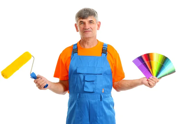 Pintor de casa con rodillo de pintura y paleta de colores aislado en blanco —  Fotos de Stock