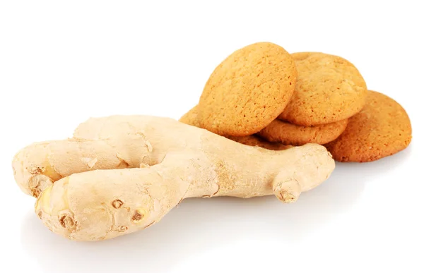 Ginger cookies with fresh ginger root isolated on white — Stock Photo, Image