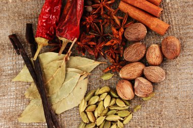 Küçük Hindistan cevizi ve diğer baharatlar çul zemin üzerine