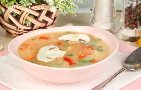 Fragrant soup in pink plate on table on window background close-up — Stock Photo, Image